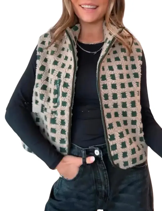 Women's Plush Stand up Collar Sleeveless Vest Dark Green - Shop at LoveMi