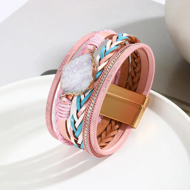 Ethnic Style Multi layer Leather Hand woven Diamond Magnetic Snap Bracelet Pink - Shop at LoveMi