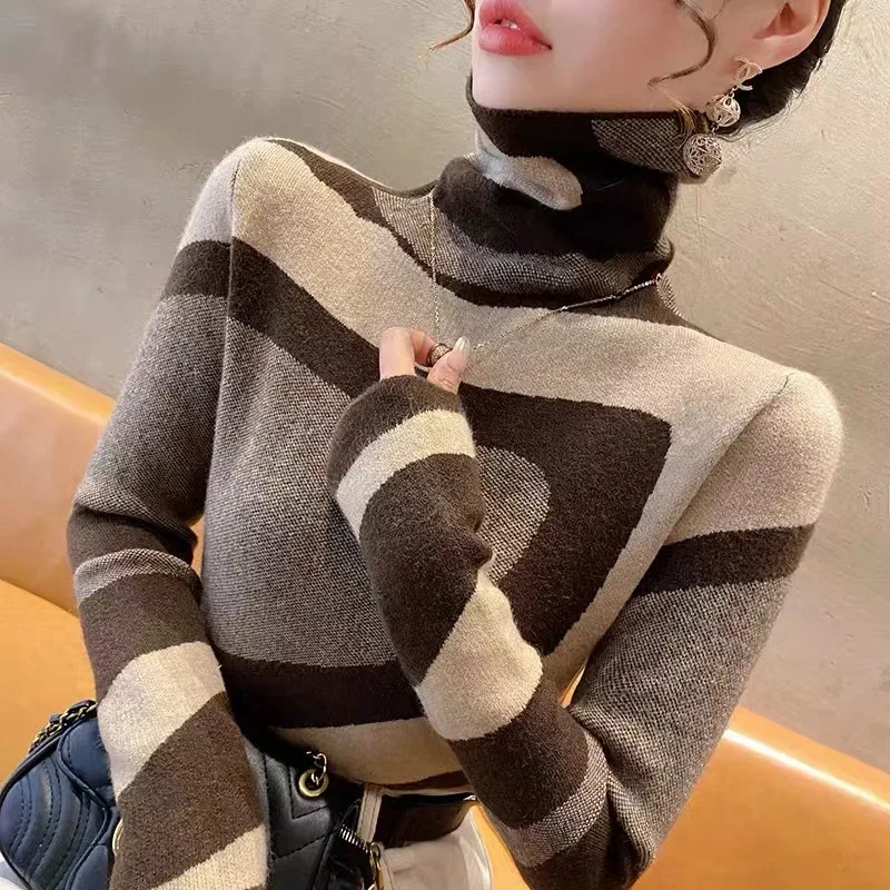 Women's Turtleneck Contrast Color Sweater Coffee - Shop at LoveMi