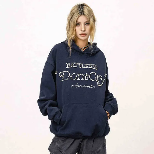 Women's Pearl Sweater Autumn And Winter Loose Jacket Navy Blue - Shop at LoveMi