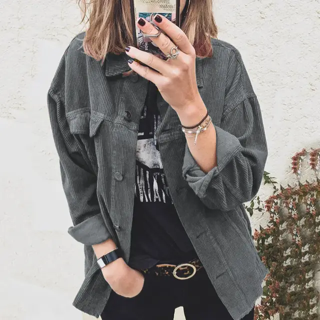 Autumn Corduroy Button Cardigan Long Sleeve Lapel Loose Thick Shirt For Women Gray - Shop at LoveMi