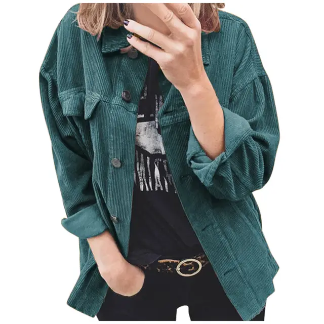 Autumn Corduroy Button Cardigan Long Sleeve Lapel Loose Thick Shirt For Women Green - Shop at LoveMi