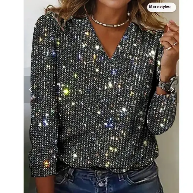 Women's Long Sleeves V neck Christmas Shiny T shirt Black - Shop at LoveMi