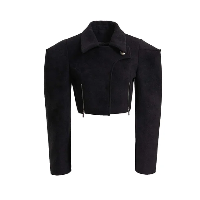 European And American Niche Design Profile Wide Shoulder Short Woolen Coat Black - Shop at LoveMi
