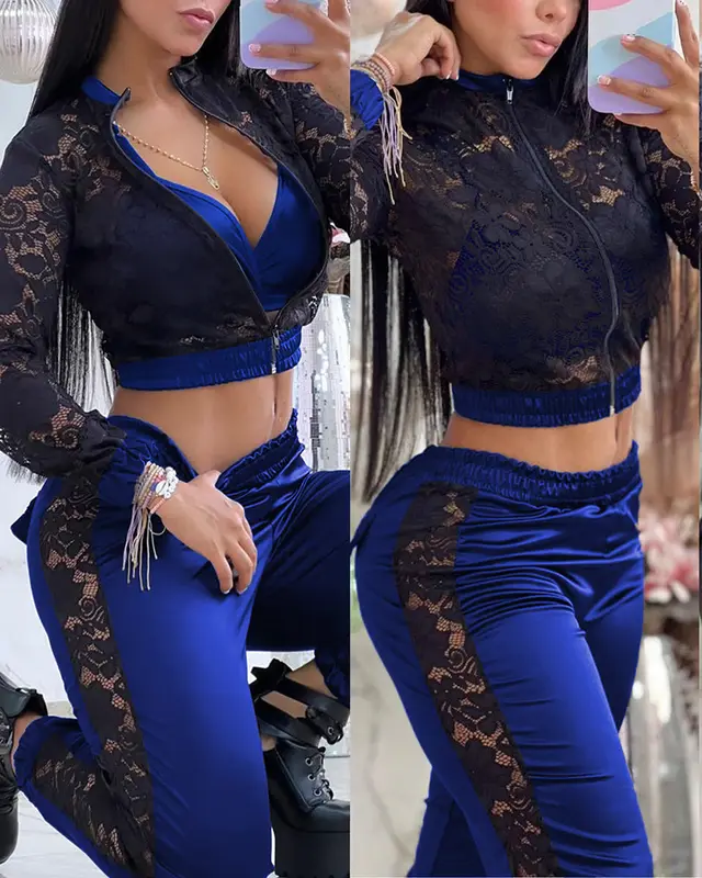 Long Sleeve Cardigan Jacket Suit Casual Patchwork Trousers Blue - Shop at LoveMi
