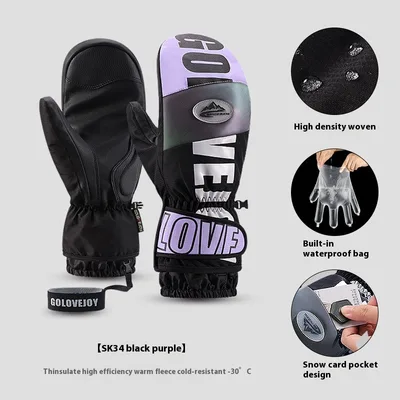 Snowboard Gloves For Women Wind proof And Cold Protection Touch Screen Fleece lined Thickened Sk34 Black And Purple - Shop at LoveMi