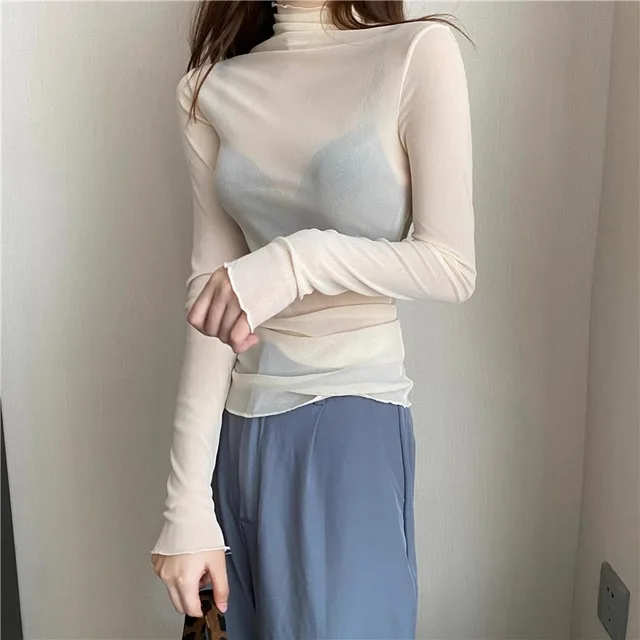 Women's Turtleneck Lace Bottoming Shirt With Wooden Ears Apricot - Shop at LoveMi