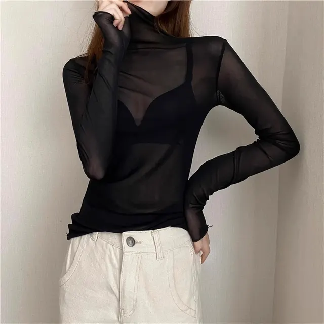 Women's Turtleneck Lace Bottoming Shirt With Wooden Ears Black - Shop at LoveMi