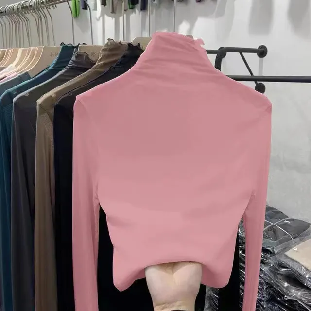 Women's Turtleneck Lace Bottoming Shirt With Wooden Ears Pink - Shop at LoveMi