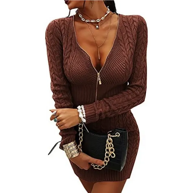 Women's Knitwear Mid length Slim Fit Dress Sweater Solid Color And V neck Pullover Zip up Shirt Coffee - Shop at LoveMi