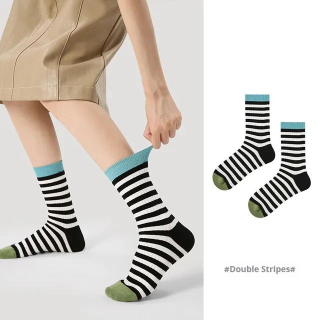 Niche Vintage Court Style Thin Middle long Stockings R8791 Double Stripe - Shop at LoveMi