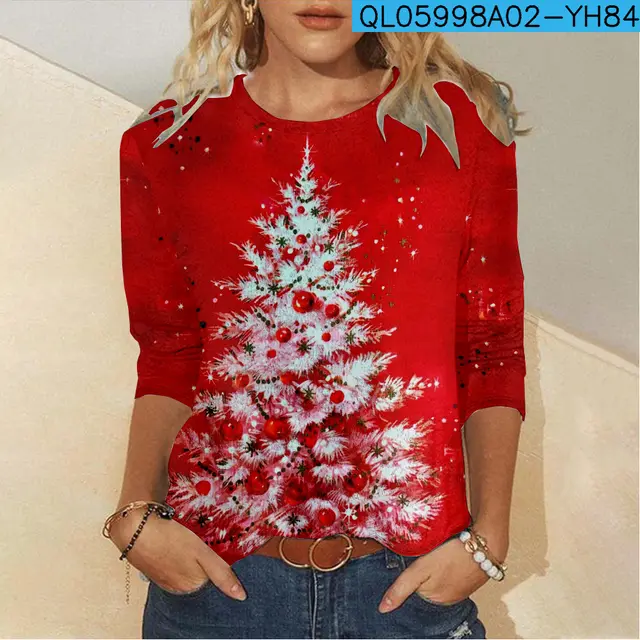 Women's Round Neck Long Sleeve Sweater Creative Christmas Black Line Yh84 - Shop at LoveMi