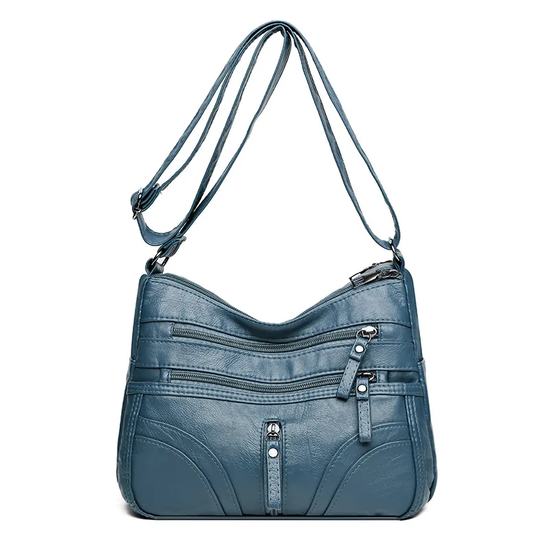 New Women's Soft Leather Large Capacity Shoulder Messenger Bag Middle aged Mother Bag Blue - Shop at LoveMi