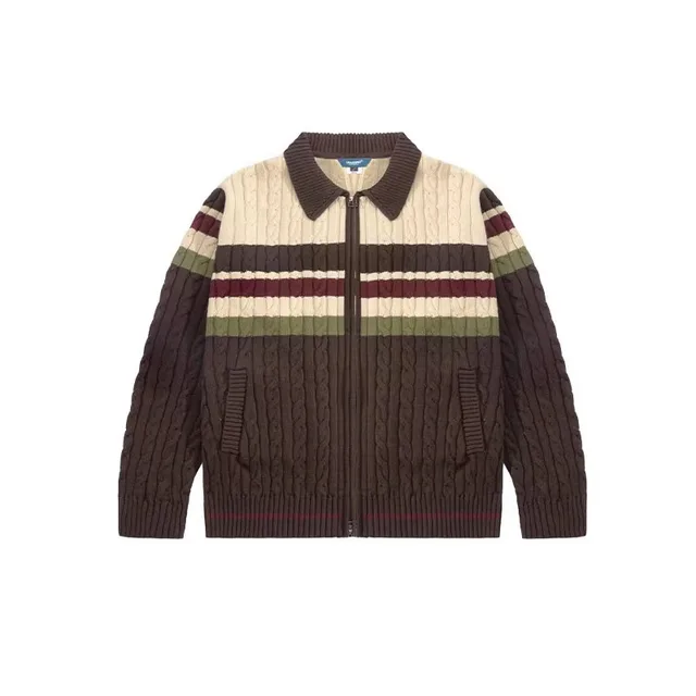 Twisted Woolen Yarn Striped Double headed Zipper Cardigan Sweater Brown - Shop at LoveMi