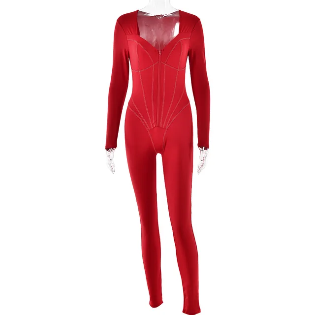 Sexy Tight Zipper Jumpsuit Autumn New Red - Shop at LoveMi