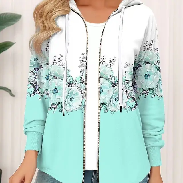 Casual Printed Full zip Cardigan Coat Lake Blue - Shop at LoveMi