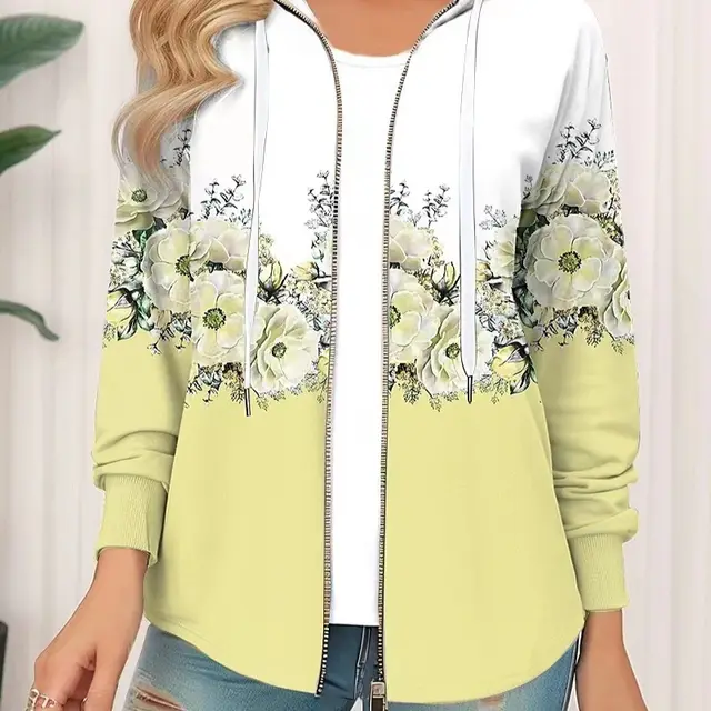 Casual Printed Full zip Cardigan Coat Yellow - Shop at LoveMi