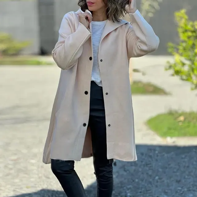 Autumn And Winter New Hooded Long Sleeve Solid Color Woolen Coat Beige - Shop at LoveMi