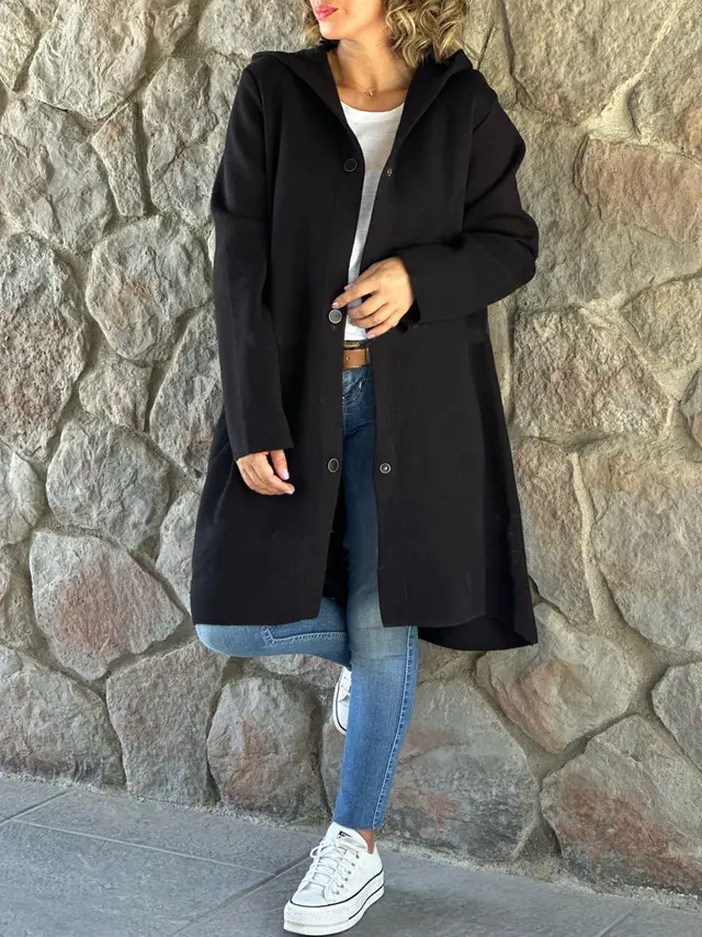 Autumn And Winter New Hooded Long Sleeve Solid Color Woolen Coat Black - Shop at LoveMi