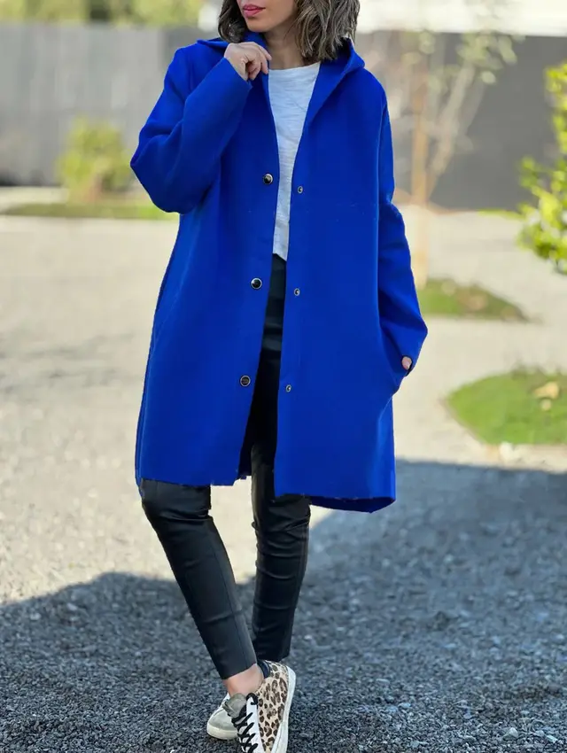 Autumn And Winter New Hooded Long Sleeve Solid Color Woolen Coat Blue - Shop at LoveMi