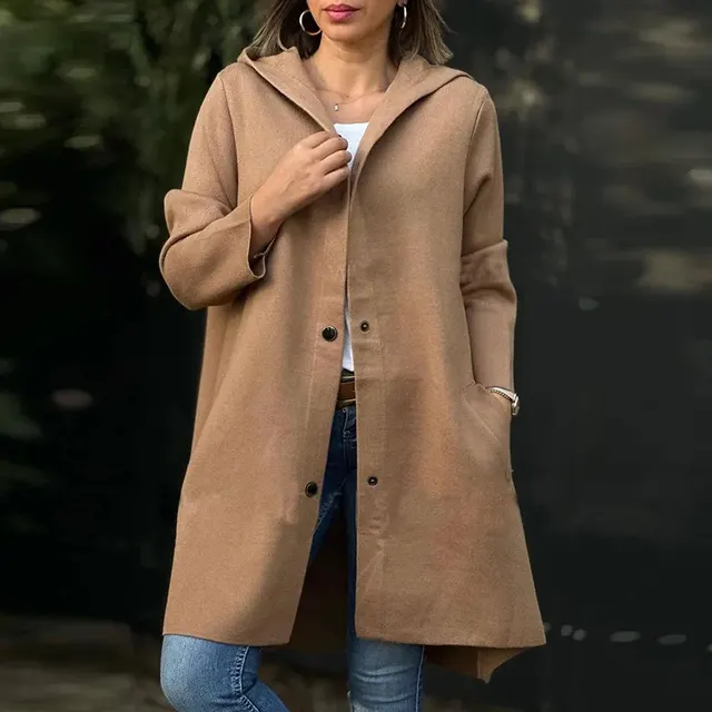 Autumn And Winter New Hooded Long Sleeve Solid Color Woolen Coat Brown - Shop at LoveMi