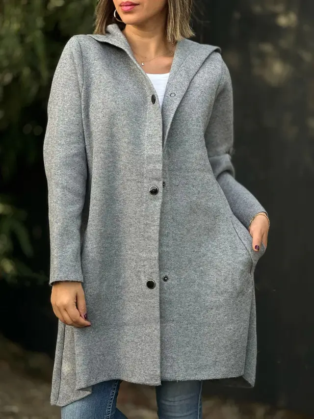 Autumn And Winter New Hooded Long Sleeve Solid Color Woolen Coat Gray - Shop at LoveMi