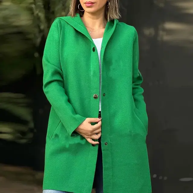 Autumn And Winter New Hooded Long Sleeve Solid Color Woolen Coat Green - Shop at LoveMi