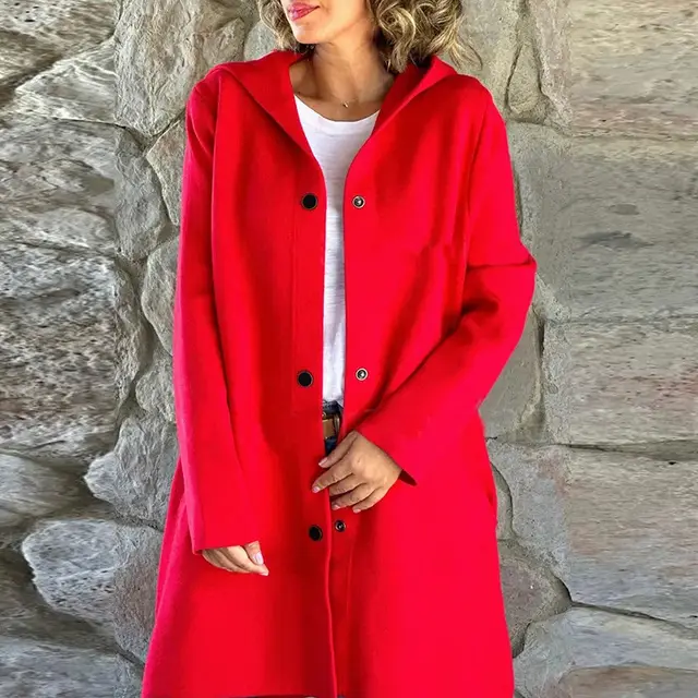 Autumn And Winter New Hooded Long Sleeve Solid Color Woolen Coat Red - Shop at LoveMi