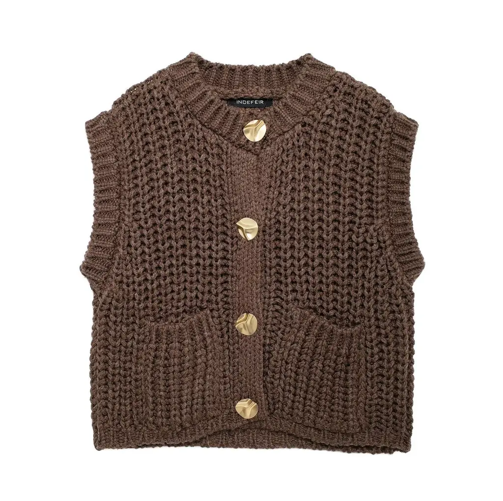 Women's Thick Needle Sleeveless Knit Vest - Brown Coffee Colour