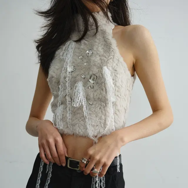 Soft And Adorable Fur Lace Tassel Light Diamond Vest Greige - Shop at LoveMi
