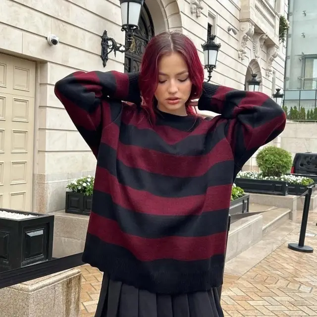 Classic Creative Striped Women's O Collar Pullover Sweater Black Red - Shop at LoveMi
