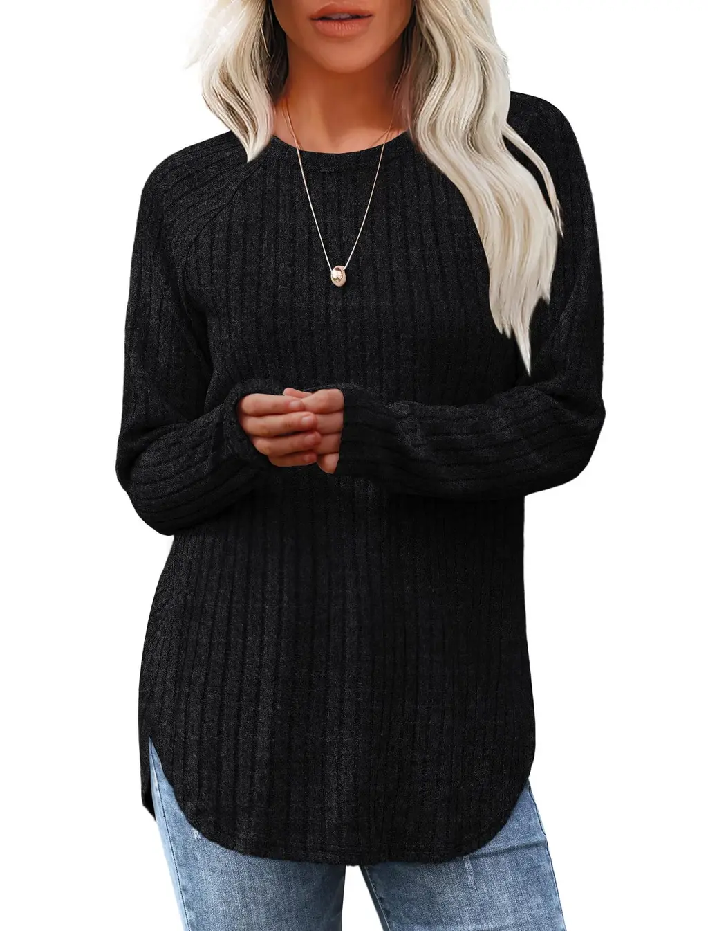 Loose Round Neck High And Low Curved Hem Top - Black