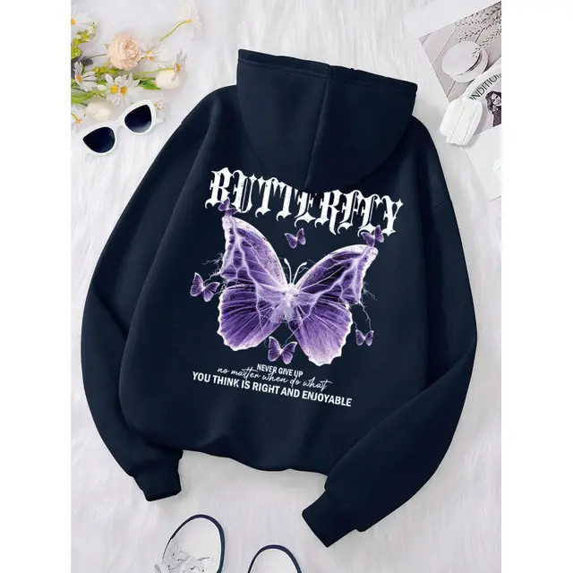 Purple Butterfly Sports Hooded Top Women's Sweater Navy Blue - Shop at LoveMi