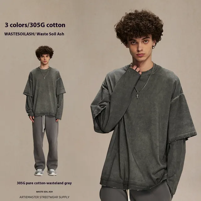 Dirty Dyed Fake Two piece Long Sleeve T shirt Long Sleeve Waste Soil Ash - Shop at LoveMi
