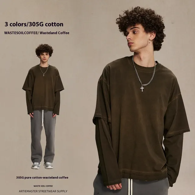 Dirty Dyed Fake Two piece Long Sleeve T shirt Long Sleeve Waste Soil Coffee - Shop at LoveMi