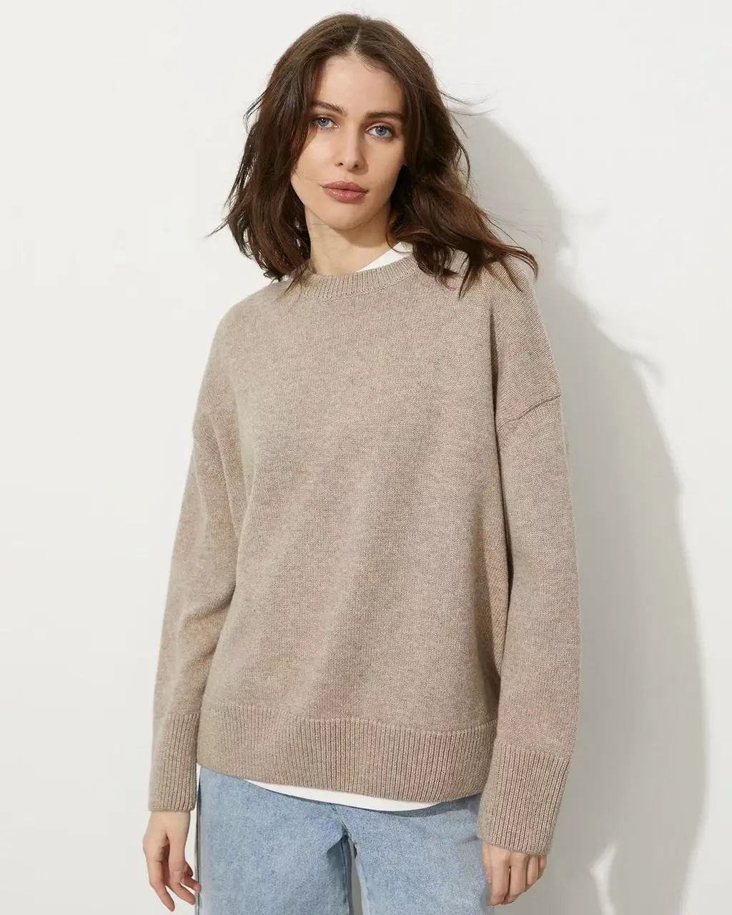 Women's Round Neck Solid Color Pullover Leisure Sweater - Khaki