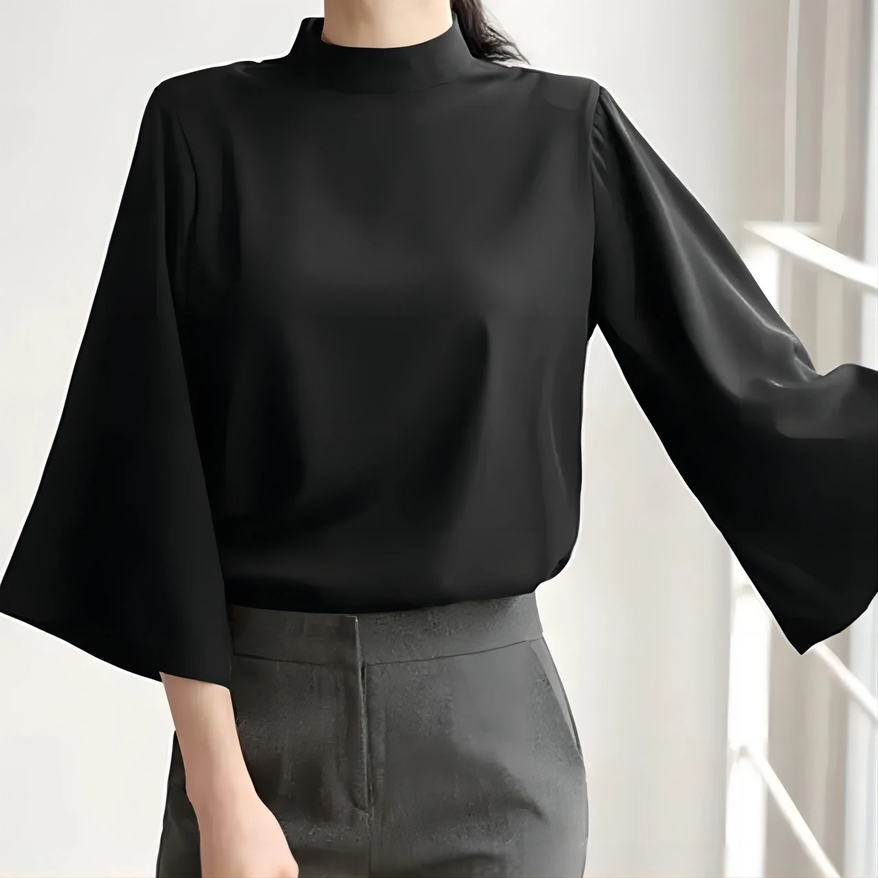 Spring And Summer Stand-up Collar Puff Sleeve Casual Shirt - Black