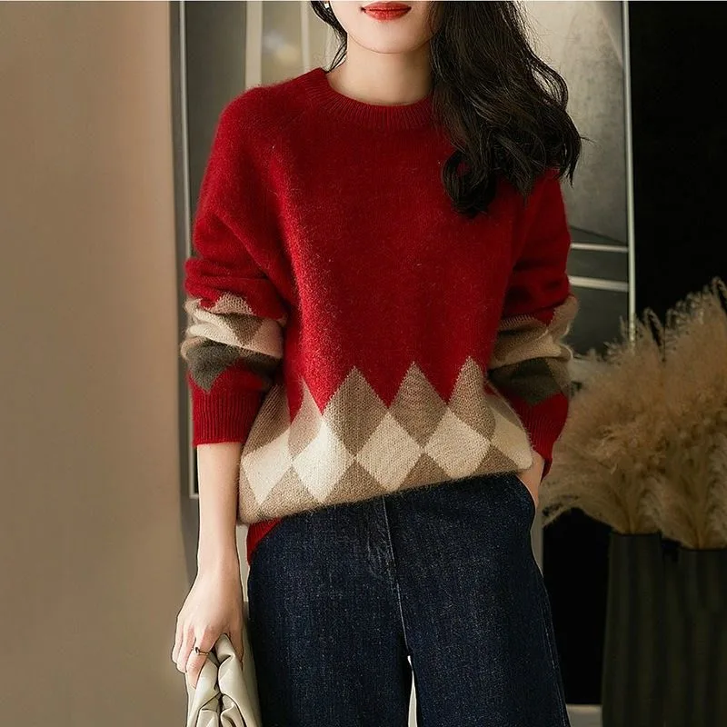 Christmas Red Round neck Knitwear Loose Sweater For Women Red - Shop at LoveMi