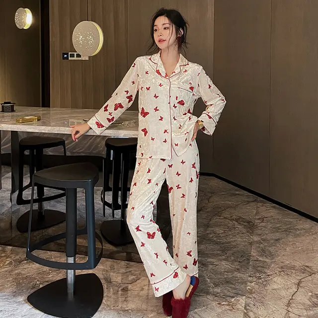 Pleuche Long Sleeve Sweet Cardigan Can Be Outerwear Homewear Gold Velvet Butterfly Red - Shop at LoveMi