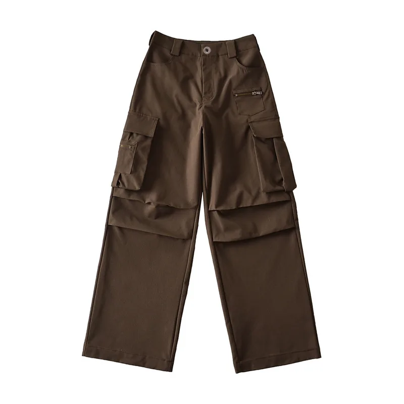 Retro High Waist Multi-pocket Cargo Pants Women - Brown