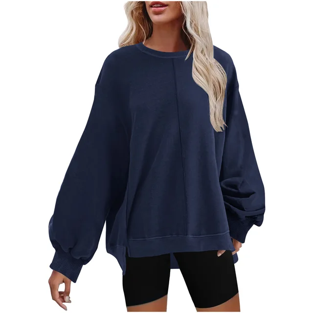 Solid Color Pullover Round Neck Long Sleeves Top For Women Navy Blue - Shop at LoveMi