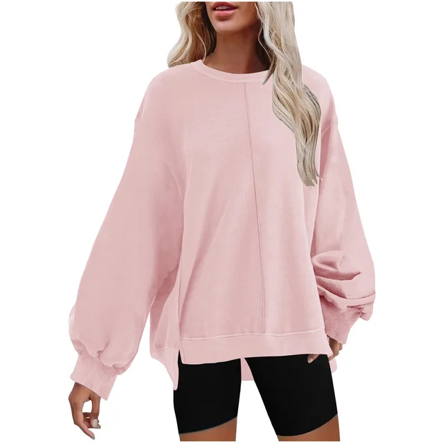Solid Color Pullover Round Neck Long Sleeves Top For Women Pink - Shop at LoveMi