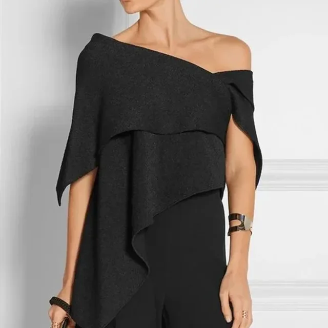 Autumn New Women's Elegant Casual Solid Color Asymmetric One shoulder Top Black - Shop at LoveMi