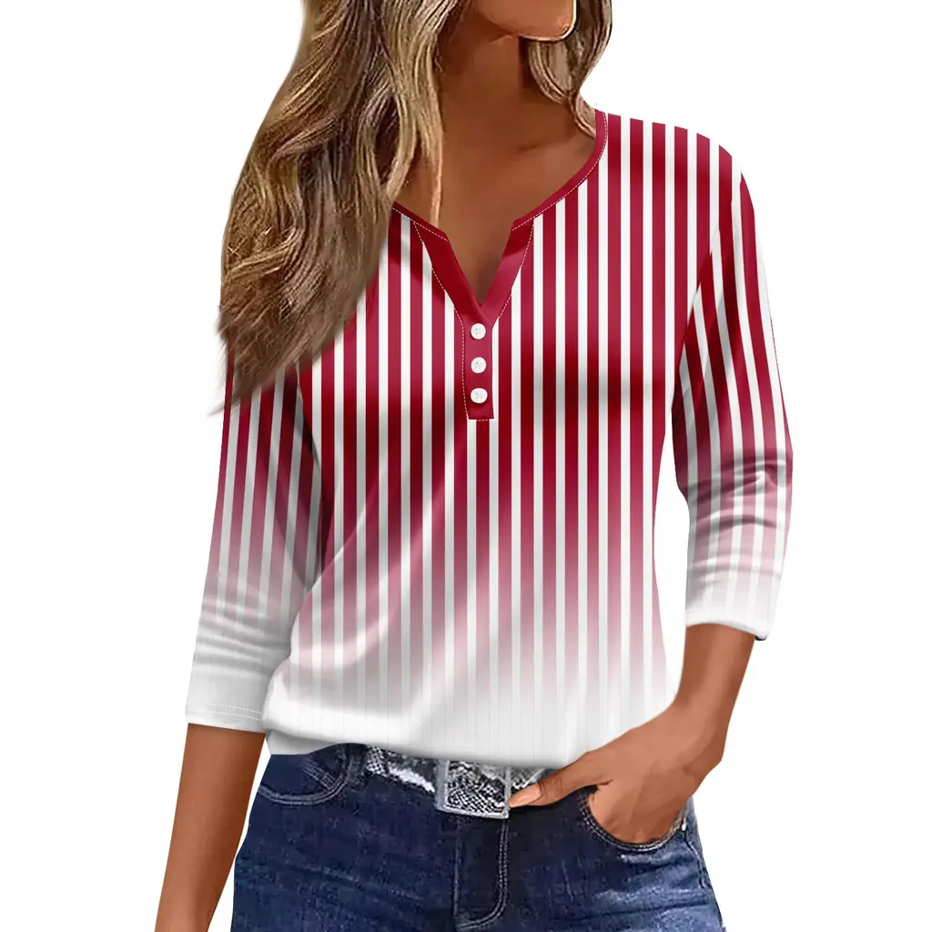 Women's T-shirt V-neck Three-button Printed Short-sleeved Top - 13Color