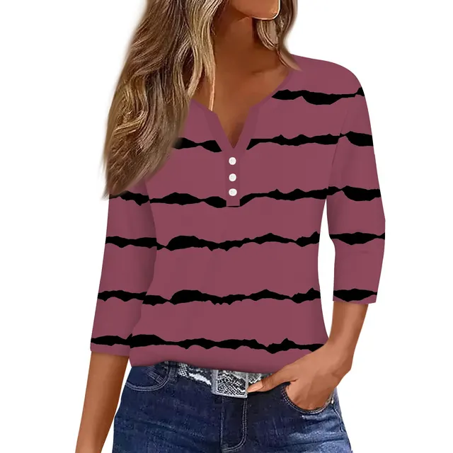 Women's T shirt V neck Three button Printed Short sleeved Top 4Color - Shop at LoveMi