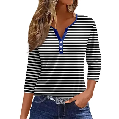 Women's T shirt V neck Three button Printed Short sleeved Top 7Color Xl - Shop at LoveMi