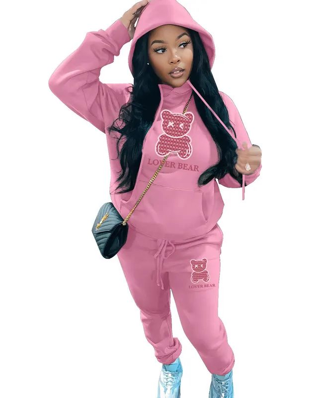 Cross border Women's Suit Hooded Sweatshirt And Sweatpants Pink - Shop at LoveMi