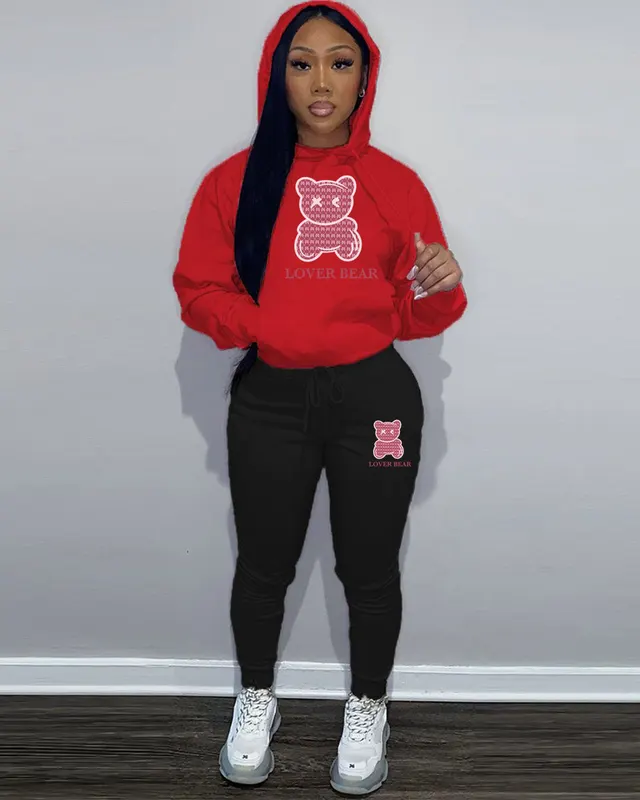 Cross border Women's Suit Hooded Sweatshirt And Sweatpants Red Top And Black Pants - Shop at LoveMi