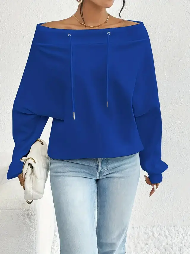 Women's Loose Casual Drawstring Off-the-shoulder Off-shoulder Top - Blue