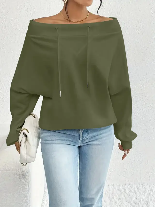 Women's Loose Casual Drawstring Off the shoulder Off shoulder Top Green - Shop at LoveMi